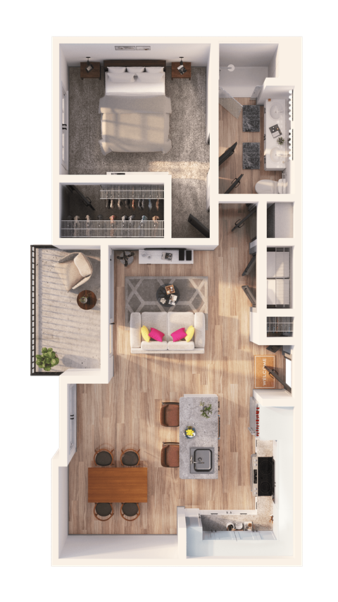 A top-down view of a small apartment with a kitchen, living room, and bathroom.